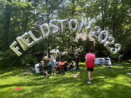 Silver balloons that spell out 