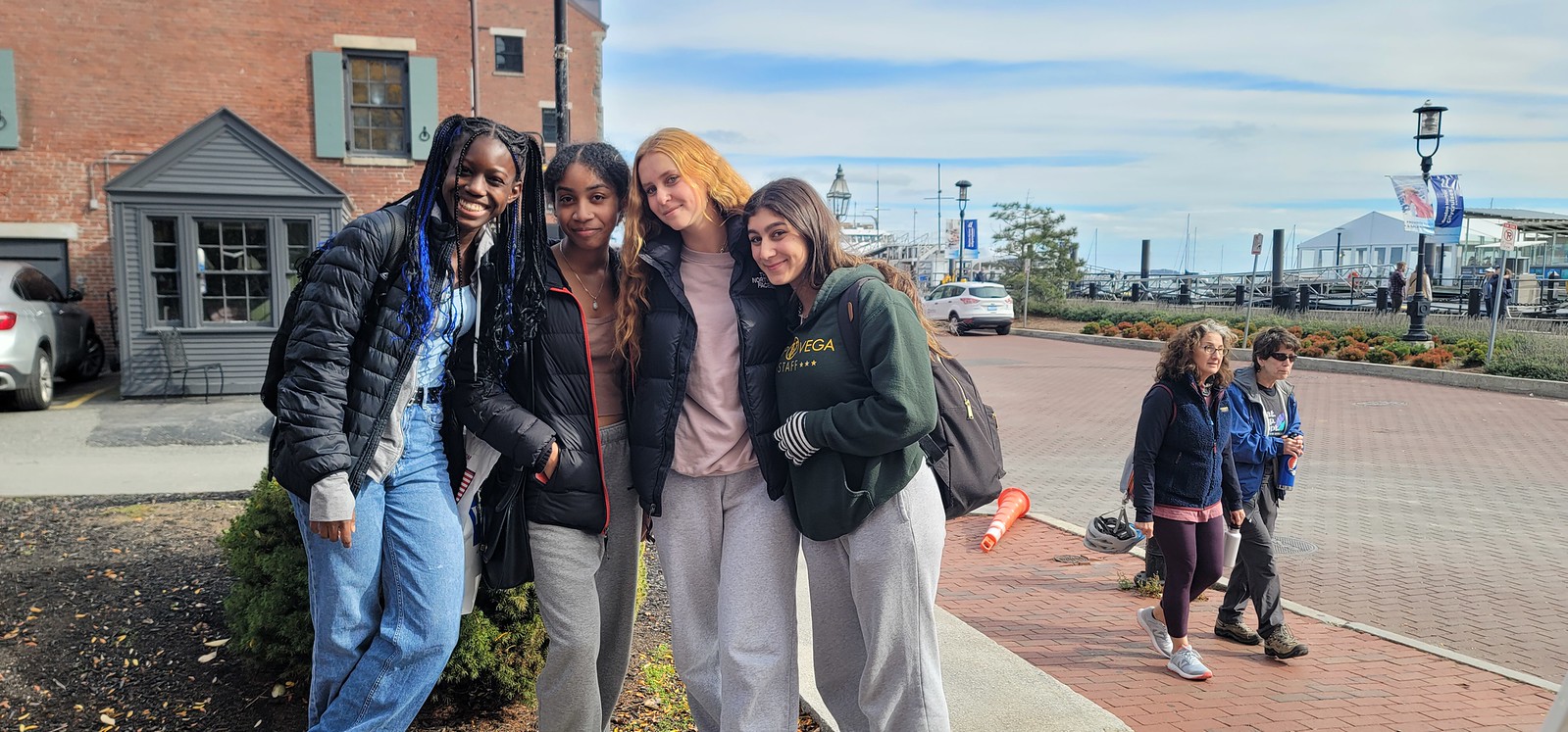 Fieldston Upper students pose outdoors on field trip to Boston.