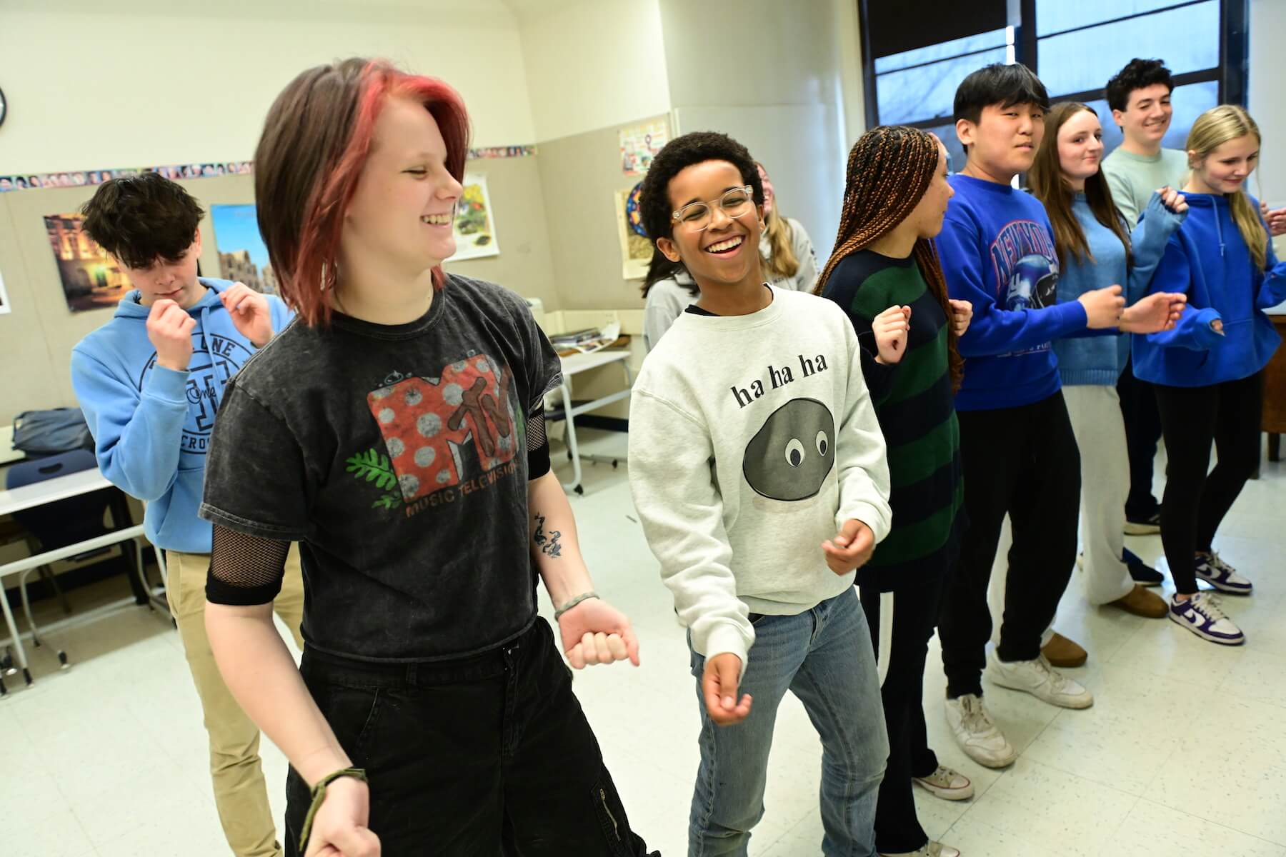 Ethical Culture Fieldston School Middle School students learn a dance together in classroom